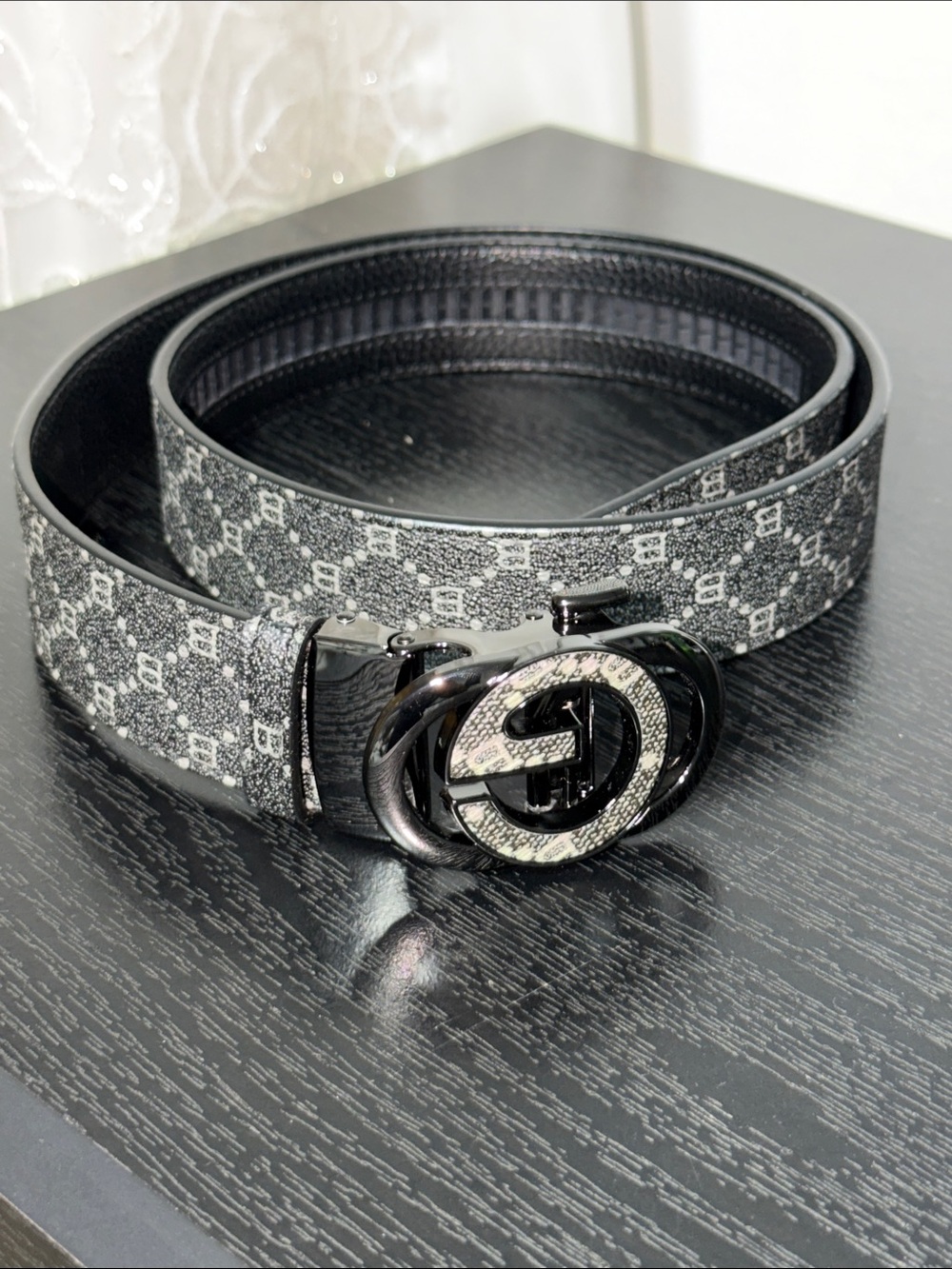 Designer-Inspired Black Patterned Men's Belt with Double-Ring Buckle